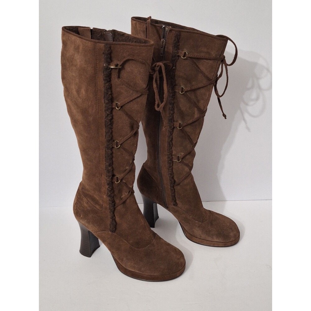 VTG 90s Y2K Mudd Boots Womens 7M Leather Platform Suede Tall Heels Lace Up Bratz